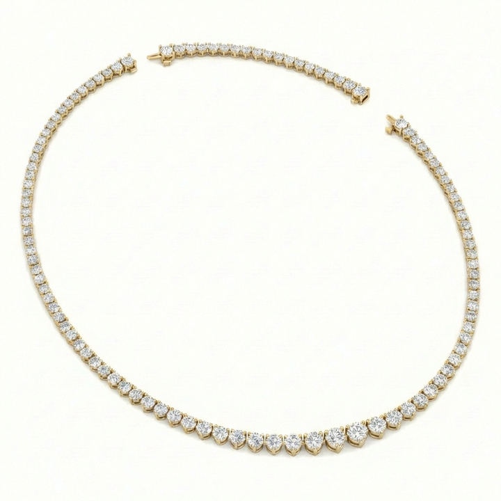 3-Prong Riviera Graduated Natural Diamond Tennis Necklace with Extender Yellow Gold 18K