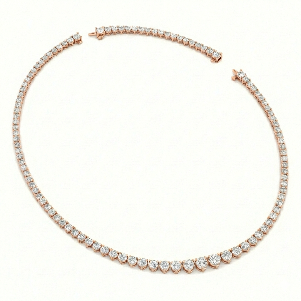 3-Prong Riviera Graduated Natural Diamond Tennis Necklace with Extender Rose Gold 18K