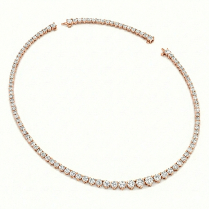 3-Prong Riviera Graduated Natural Diamond Tennis Necklace with Extender Rose Gold 18K