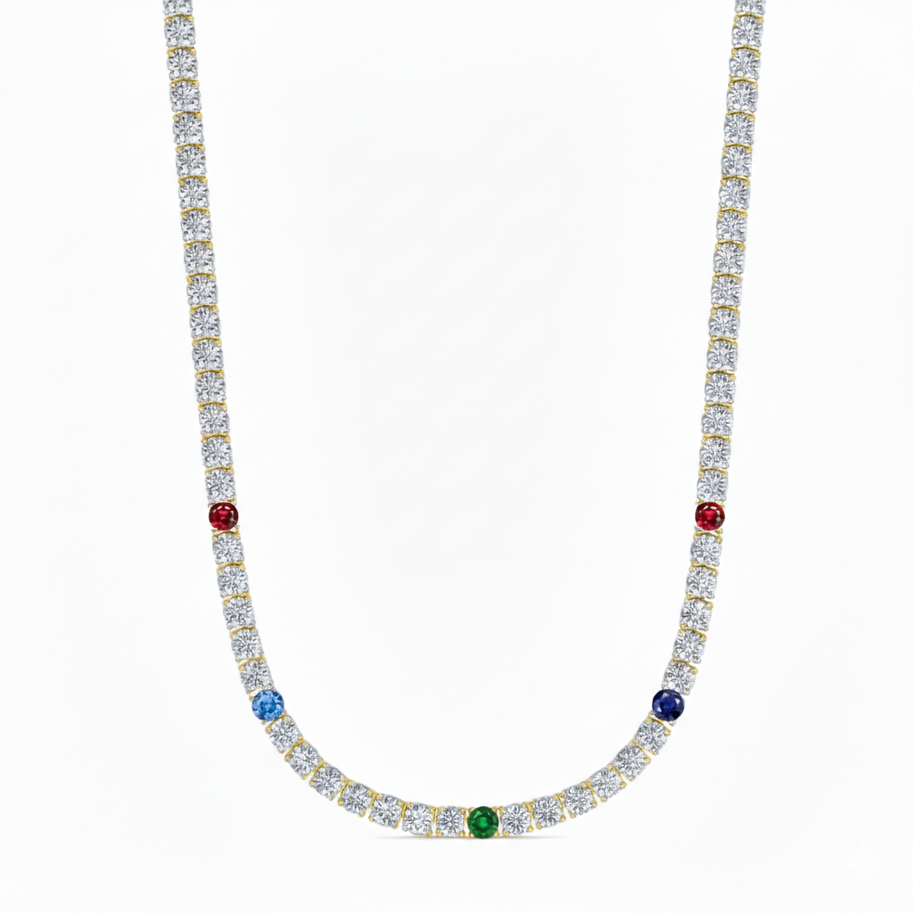 Custom Birthstone Diamond Tennis Necklace Natural Diamond Tennis Necklace 14K Solid Gold