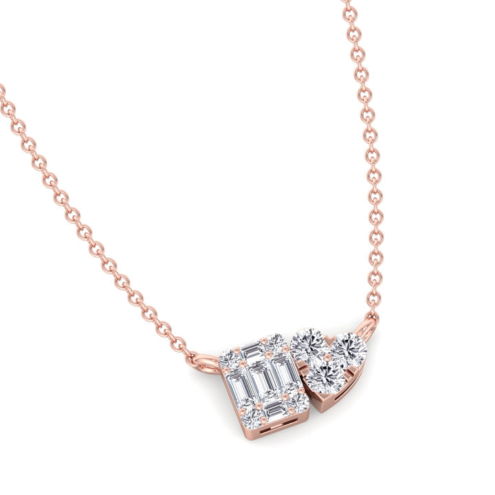 0.75Ct Heart & Emerald Shape Cluster Diamond Pendant Necklace, Rose, Lying Flat