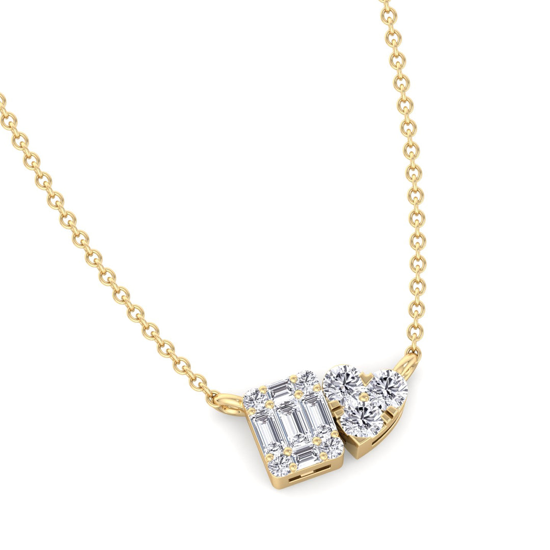 0.75Ct Heart & Emerald Shape Cluster Diamond Pendant Necklace, Yellow, Lying Flat