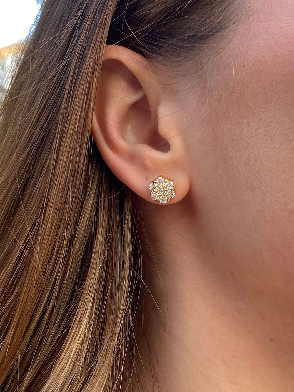1CT Diamond Cluster Earrings In 18K Gold, On Ear