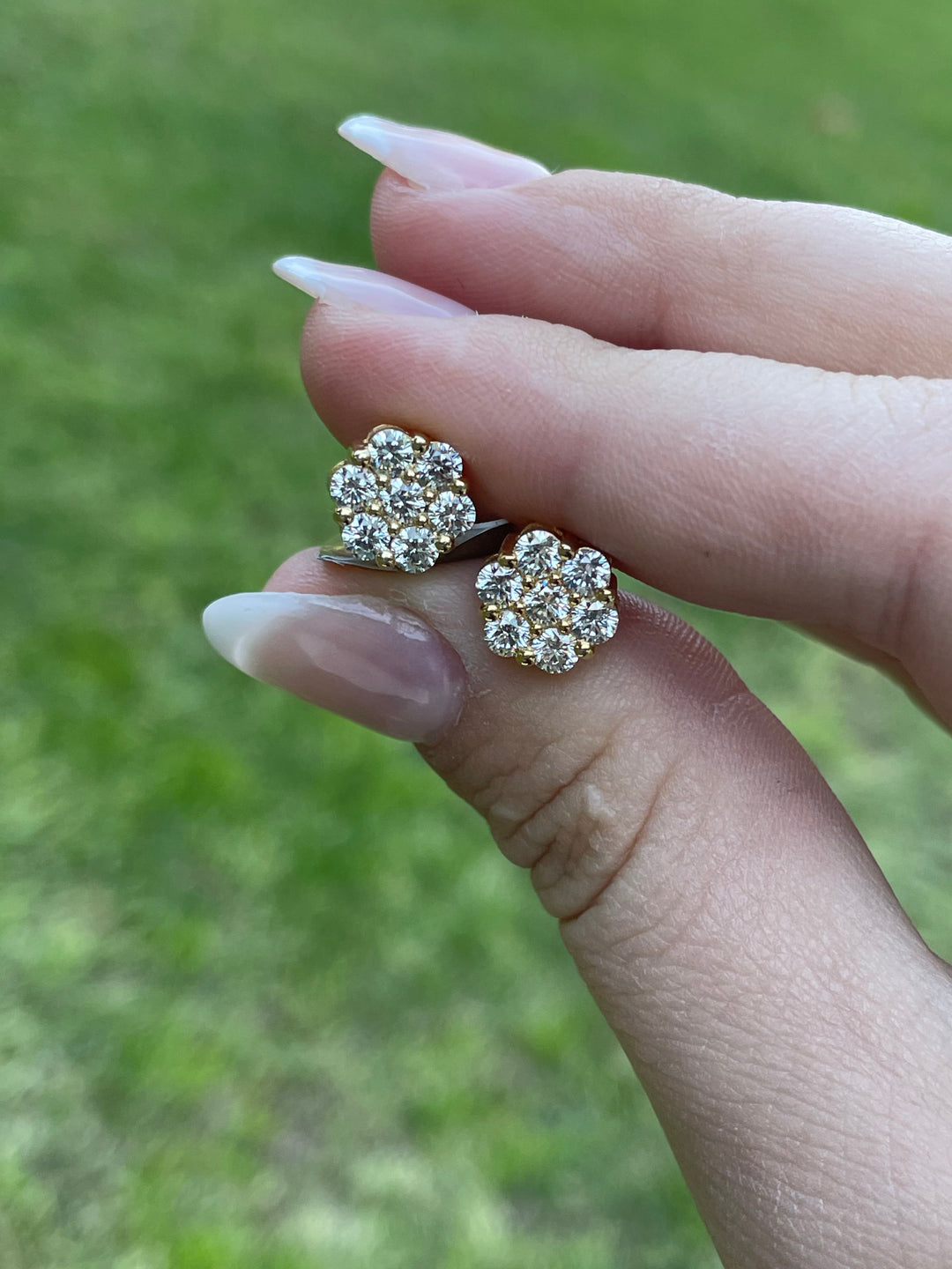 1CT Diamond Cluster Earrings in 18K Yellow Gold, In Hand