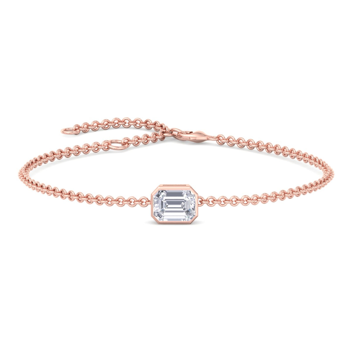 Bezel set emerald cut diamond chain bracelet 14K rose gold