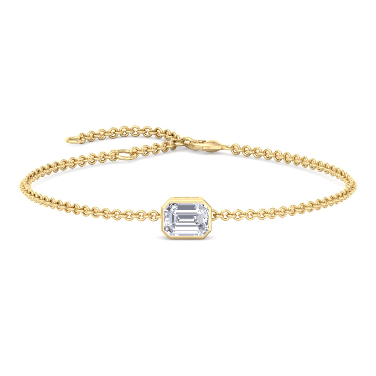 Bezel set emerald cut diamond chain bracelet 14K yellow gold
