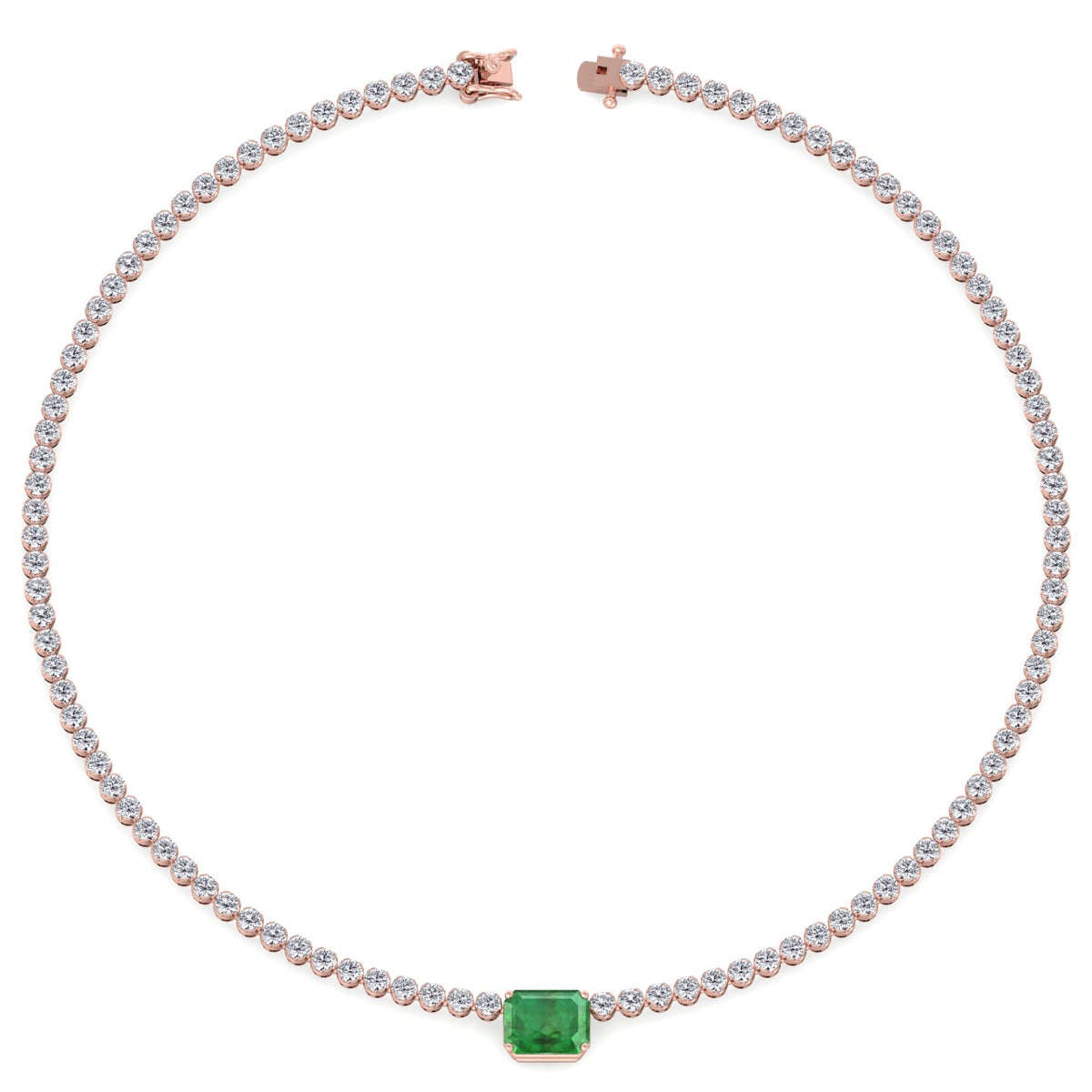 green-emerald-center-stone-and-round-cut-diamond-tennis-necklace-in-solid-rose-gold