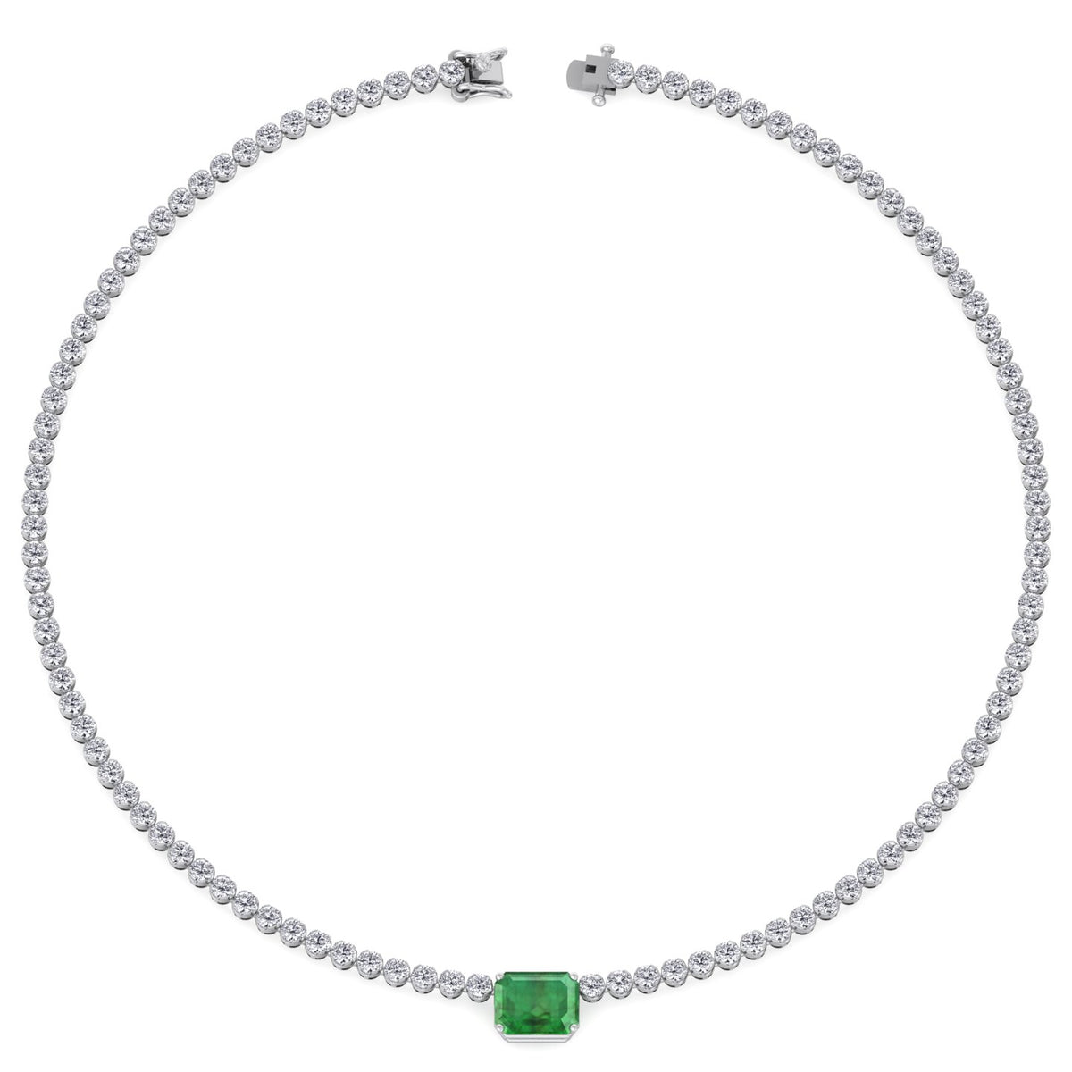 green-emerald-center-stone-and-round-cut-diamond-tennis-necklace-in-solid-white-gold