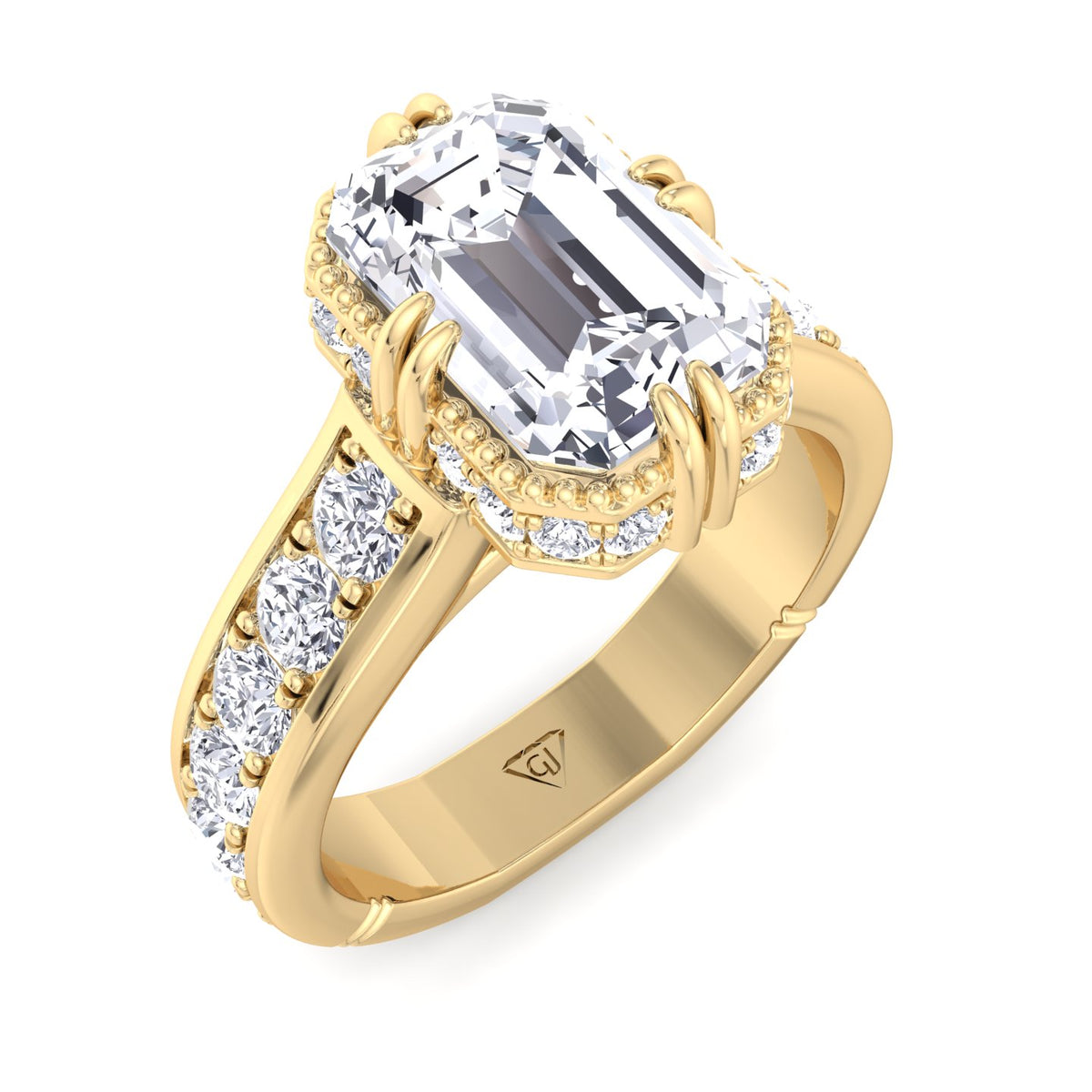 emerald-engagement-ring-with-side-stones-and-invisible-halo-in-solid-yellow-gold 
