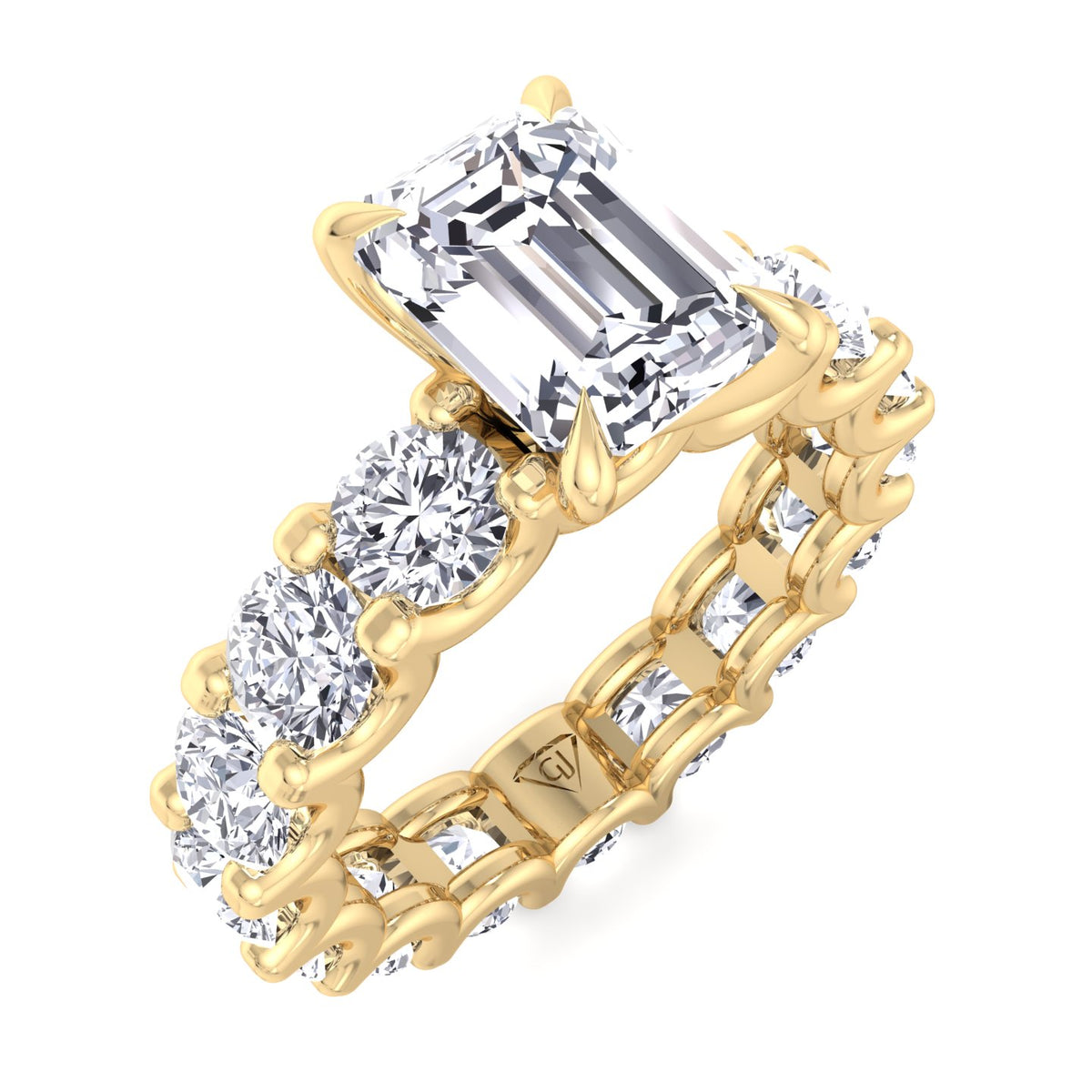 emerald-cut-diamond-eternity-ring-with-round-side-stones-in-solid-yellow-gold
