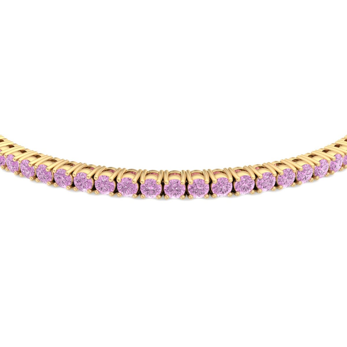 Prong set pink sapphire tennis bracelet yellow gold