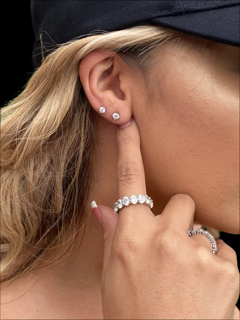 Ava - Dainty 0.25Ct Round Diamond Stud Earrings, Stacked on Ear