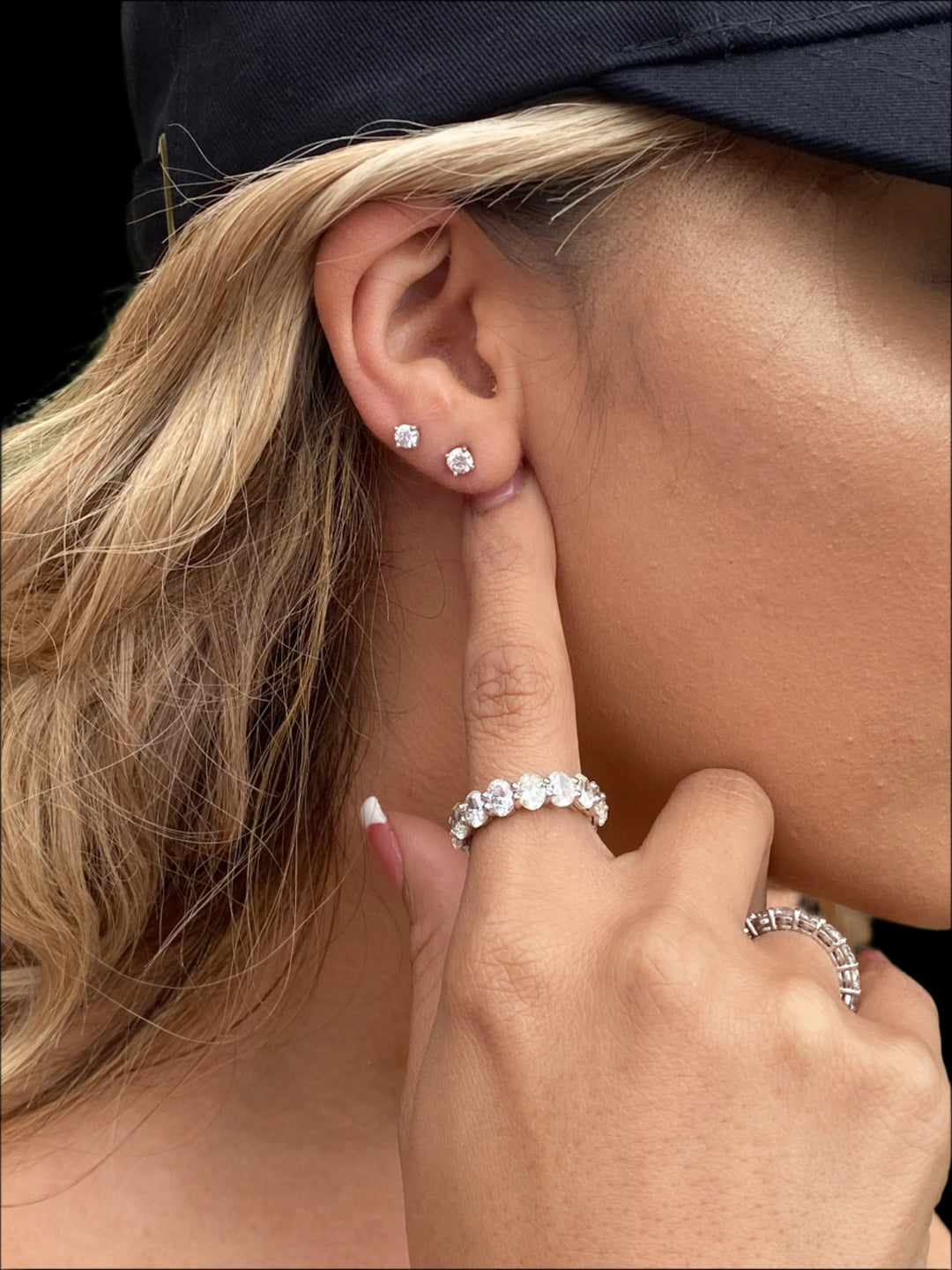 Ava - Dainty 0.25Ct Round Diamond Stud Earrings, Stacked on Ear