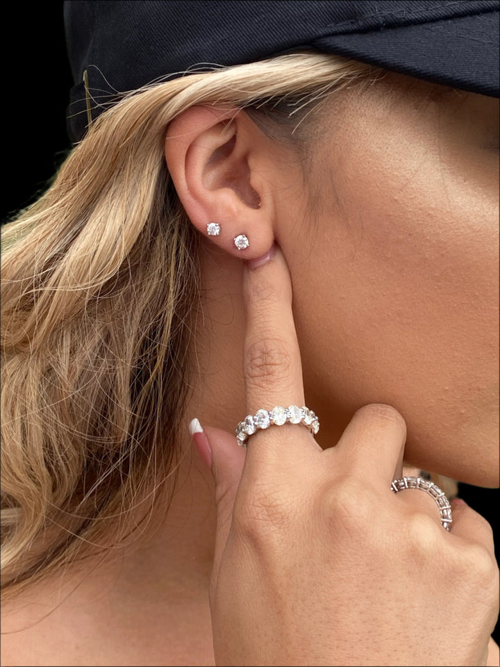 Ava - Dainty 0.25Ct Round Diamond Stud Earrings, Stacked on Ear