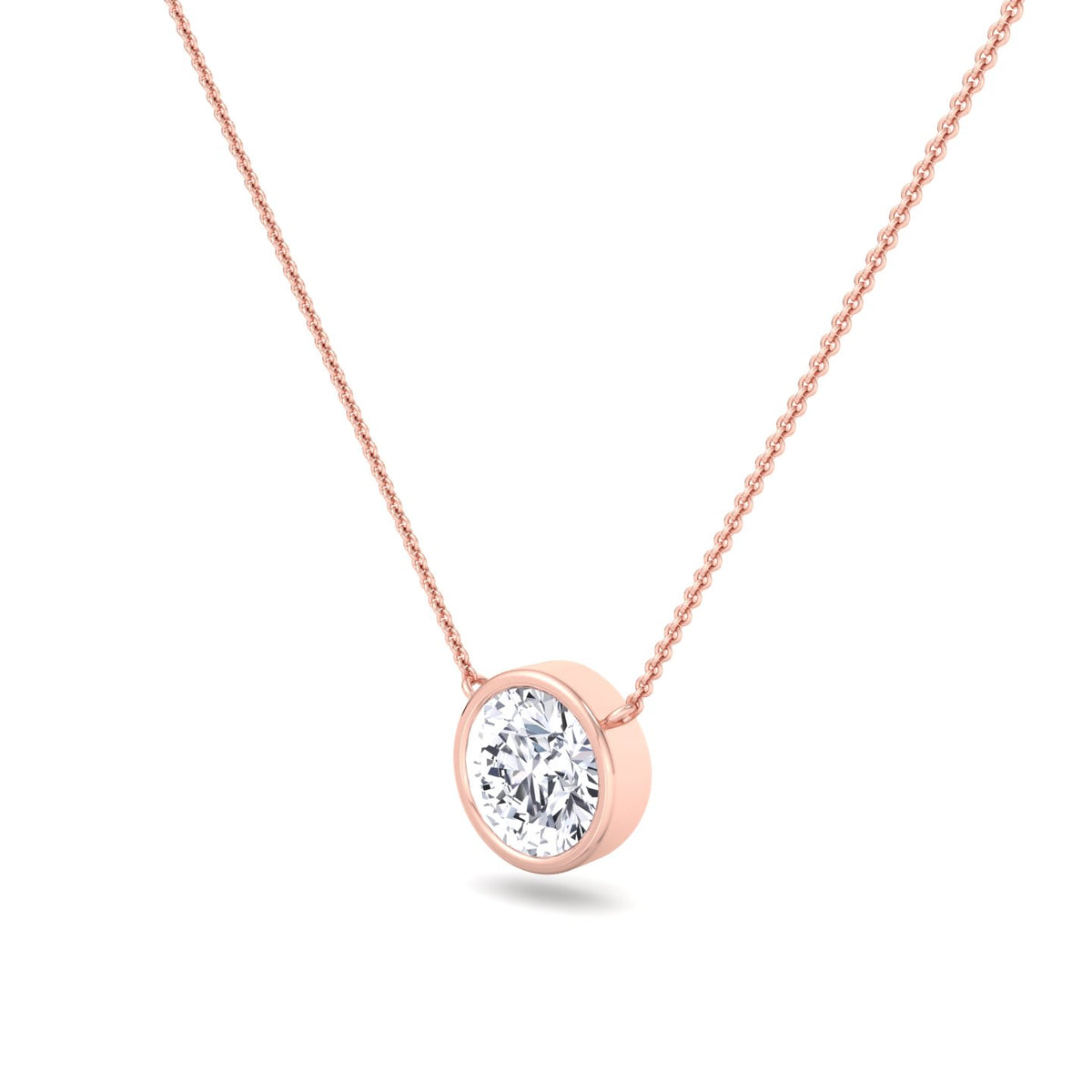 Bezel Set Round Diamond Pendant, Rose Gold, Tilted