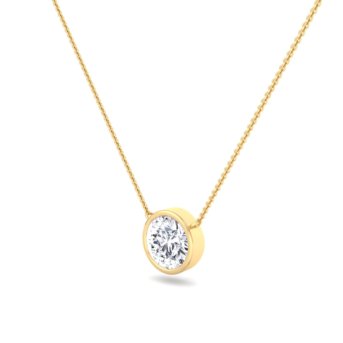 Bezel Set Round Diamond Pendant, Yellow Gold, Tilted