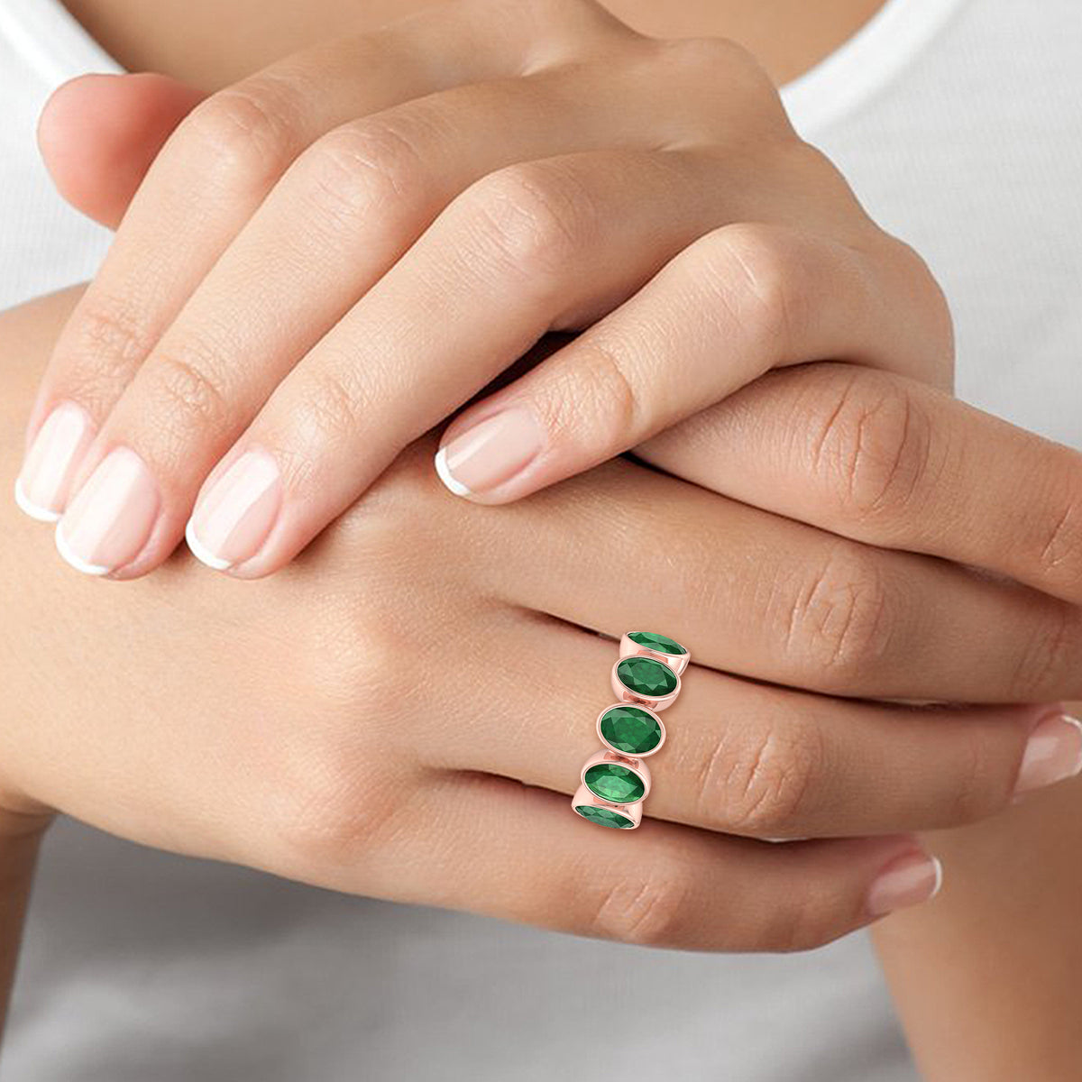 Ophelia - Bezel Set Oval Cut Green Emerald Eternity Band - Gem Jewelers Co
