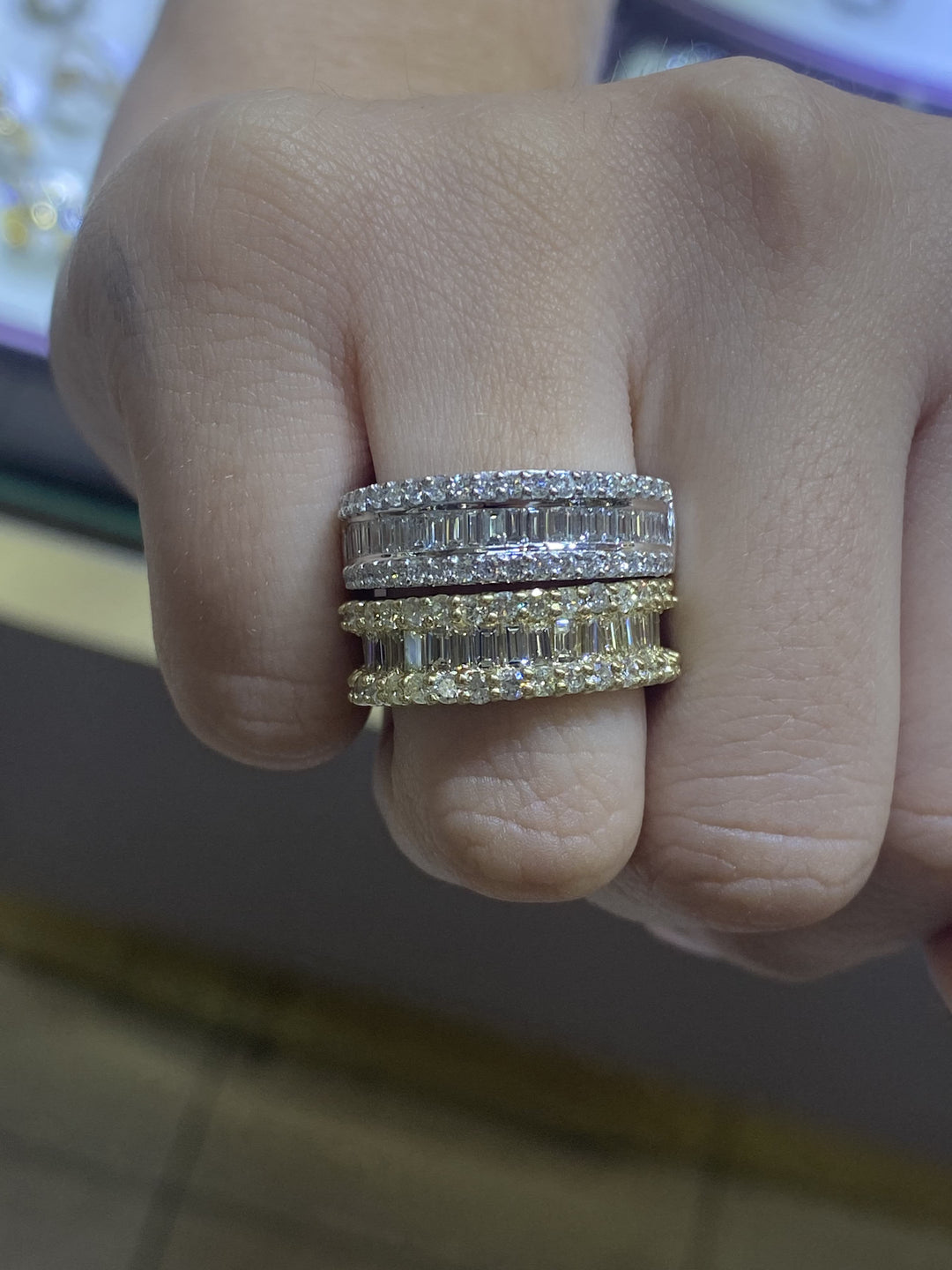 Exclusive Round and Baguette Natural Diamond Ring, White & Yellow