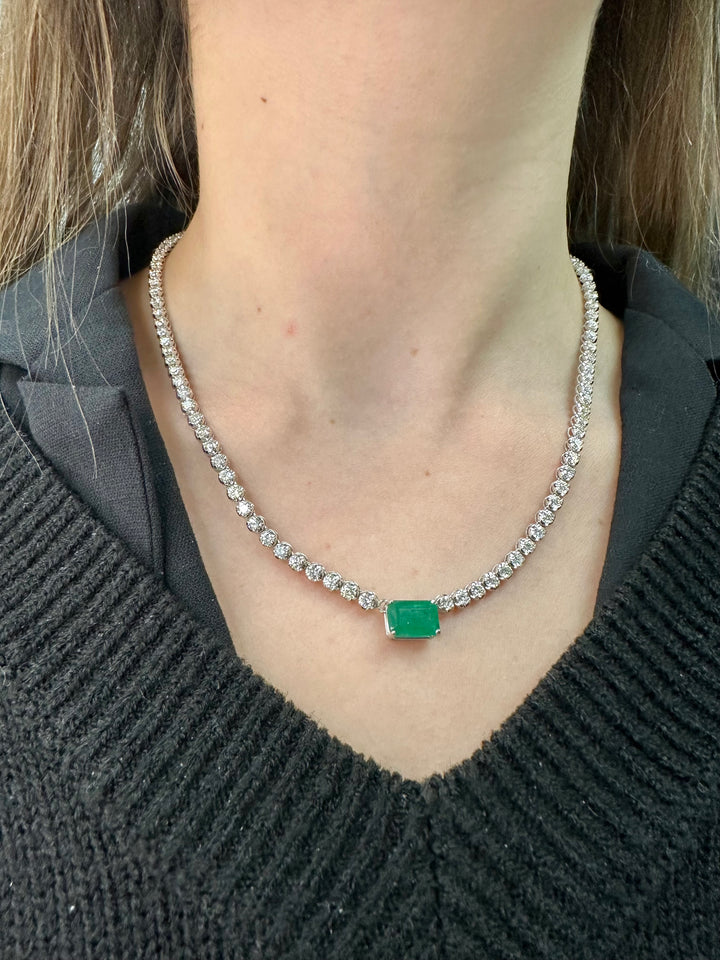 12.82 Carat Total Diamond Tennis Necklace With Emerald Center Stone