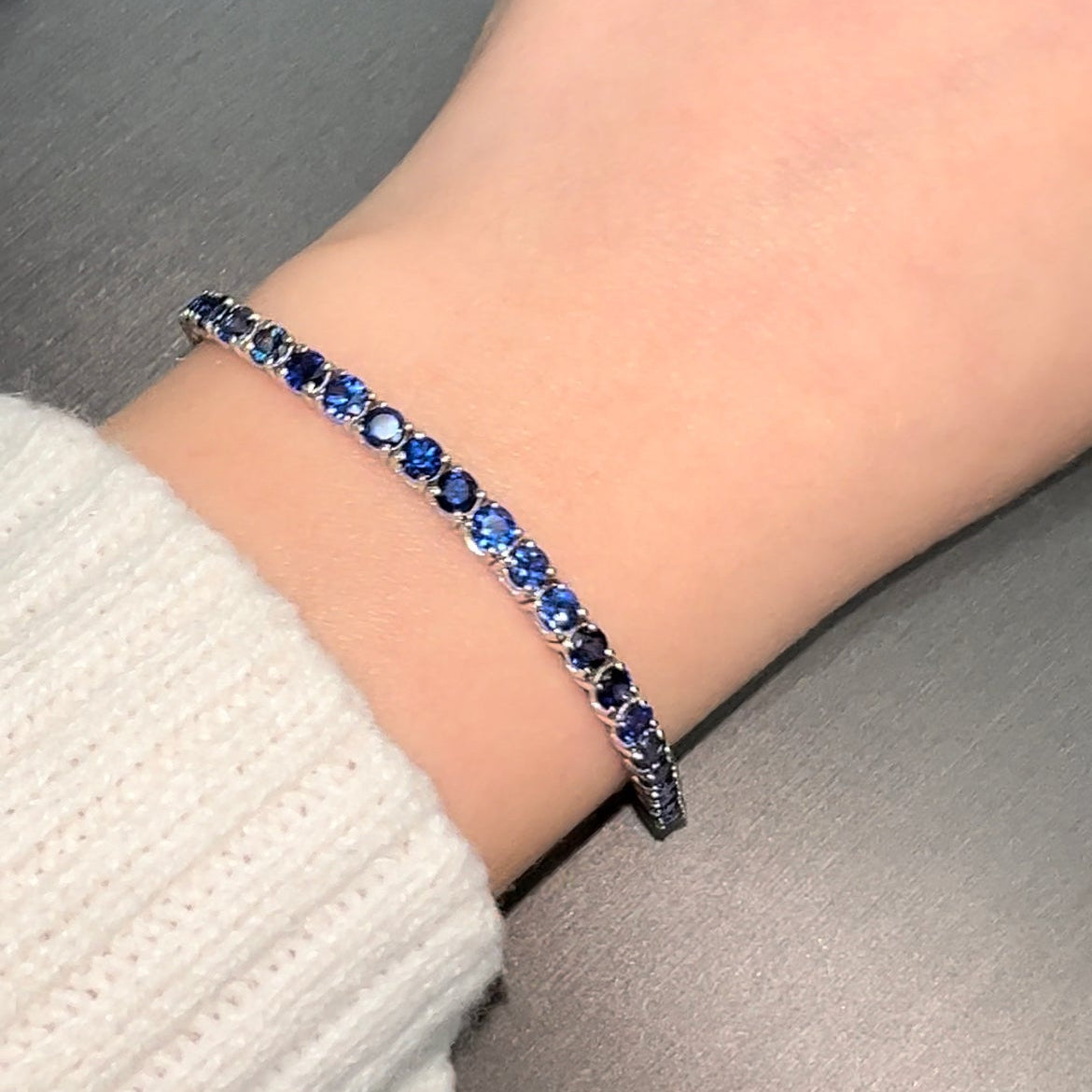 Round blue sapphire tennis bracelet 14K solid white gold
