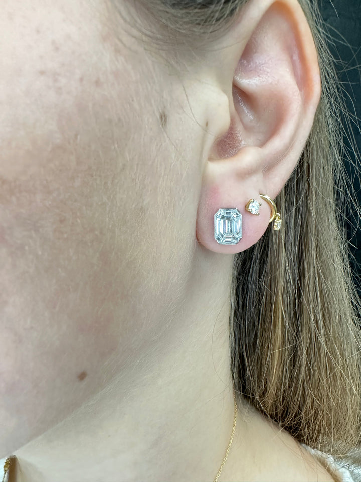 1.10 Carat Total Emerald Cut Diamond Stud Earrings 14k White Gold Bezel Set