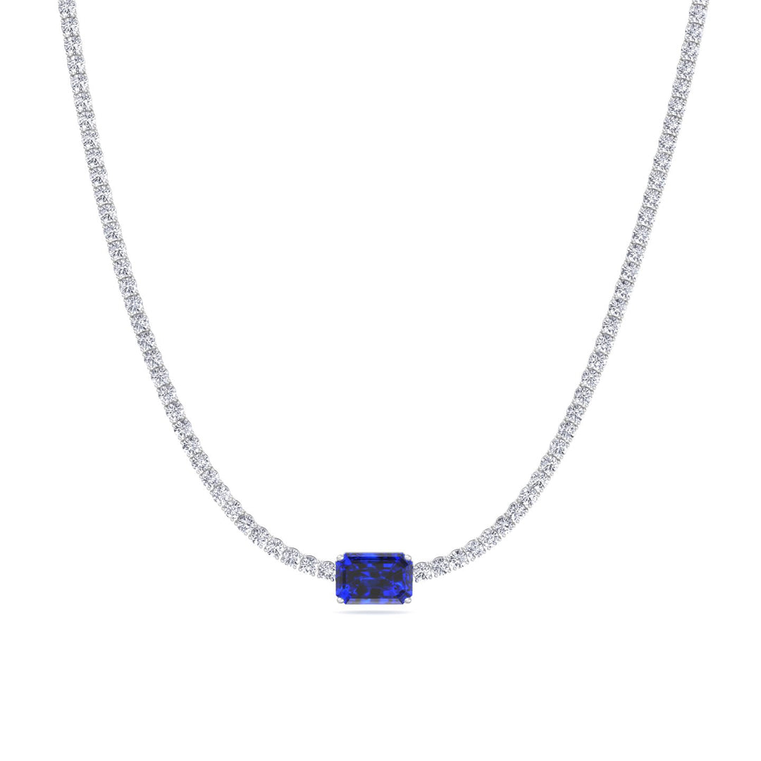 Natural Blue Sapphire Diamond Tennis Necklace, Close Up