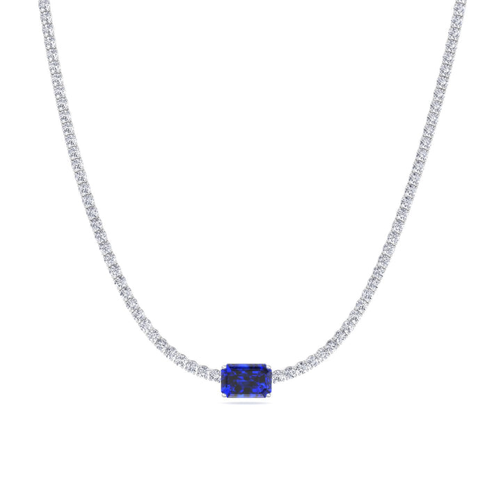 Natural Blue Sapphire Diamond Tennis Necklace, Close Up