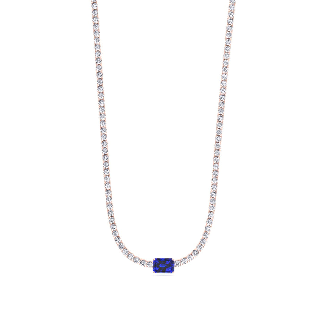 Natural Blue Sapphire Diamond Tennis Necklace, Rose Gold