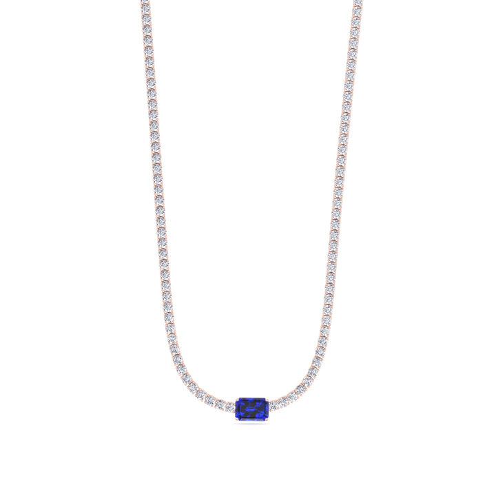 Natural Blue Sapphire Diamond Tennis Necklace, Rose Gold