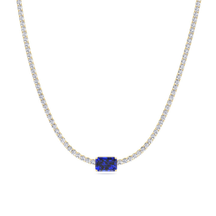 Natural Blue Sapphire Diamond Tennis Necklace, Yellow Gold
