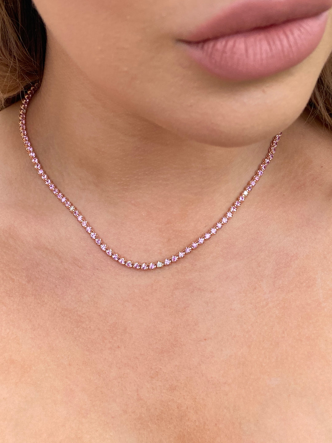 Natural Pink Sapphire Tennis Necklace-14K Rose Gold, Model Neck