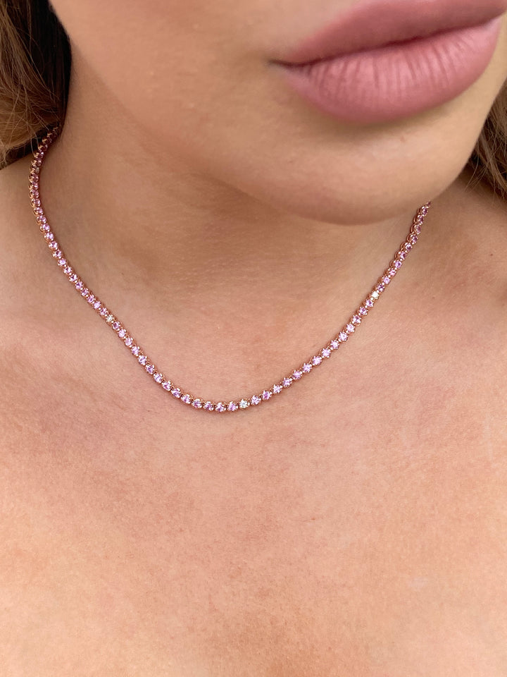 Natural Pink Sapphire Tennis Necklace-14K Solid Gold, On Neck
