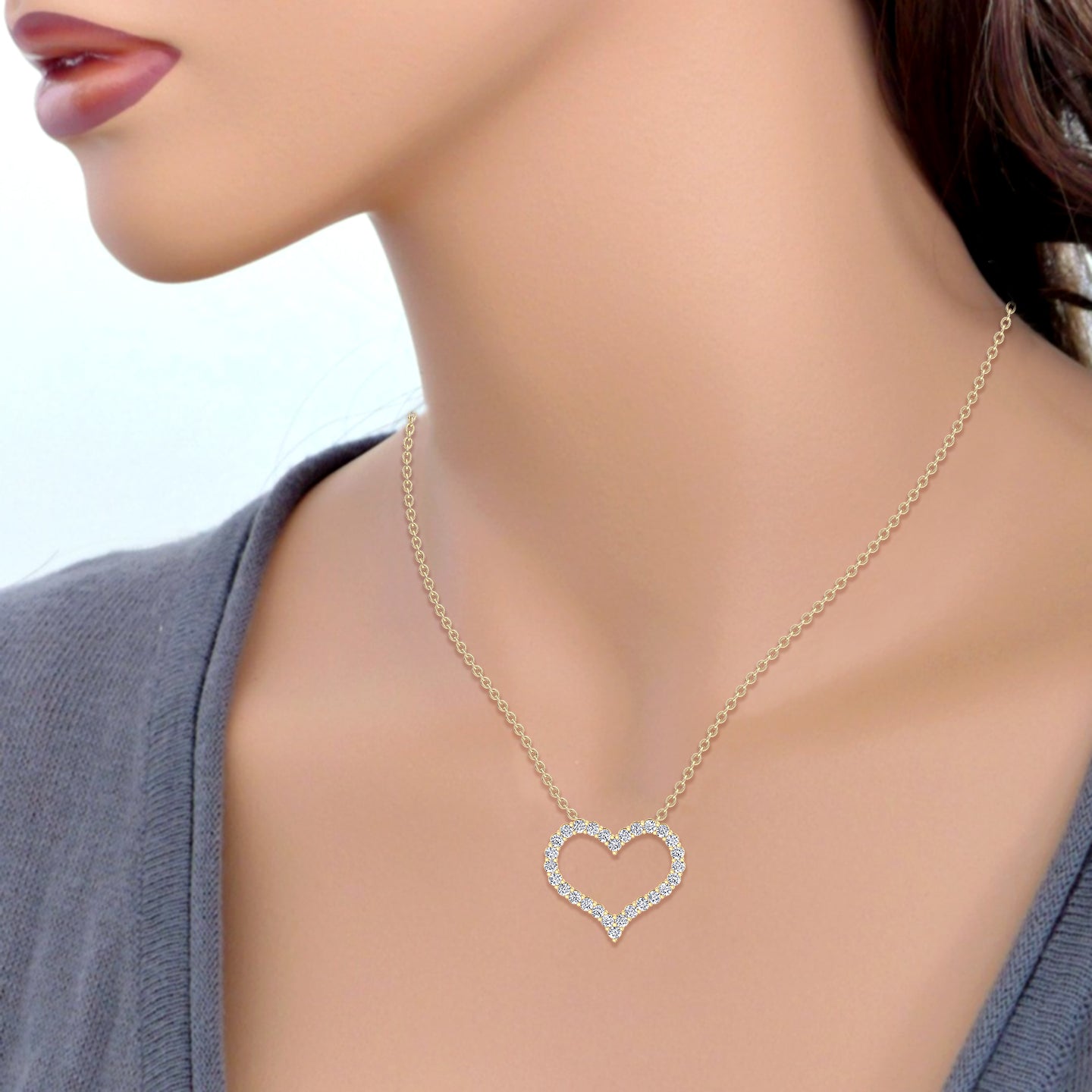 Open Heart Diamond Pendant Necklace, Model Neck