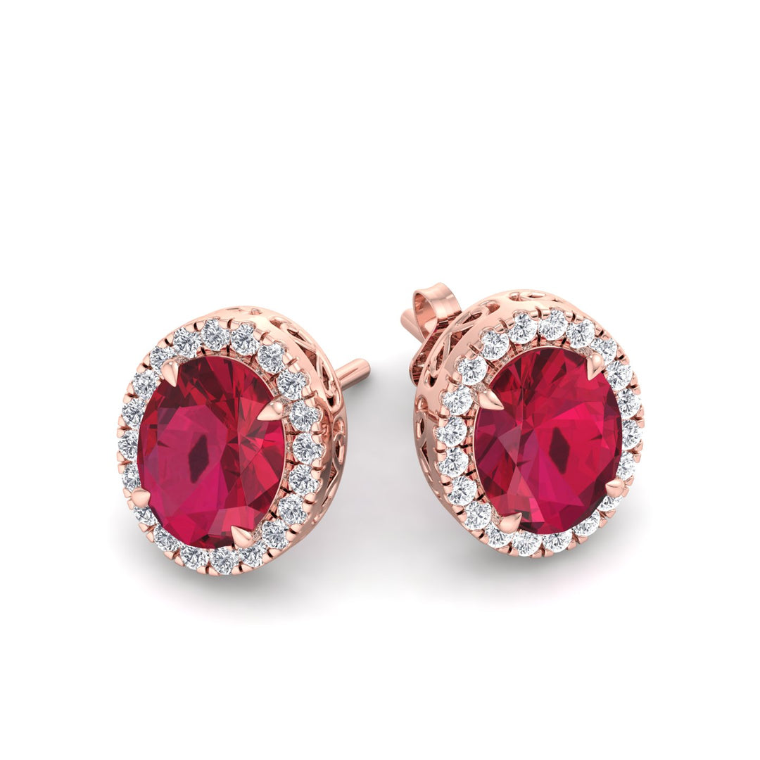Cora - Oval Cut Ruby and Diamond Halo Earrings