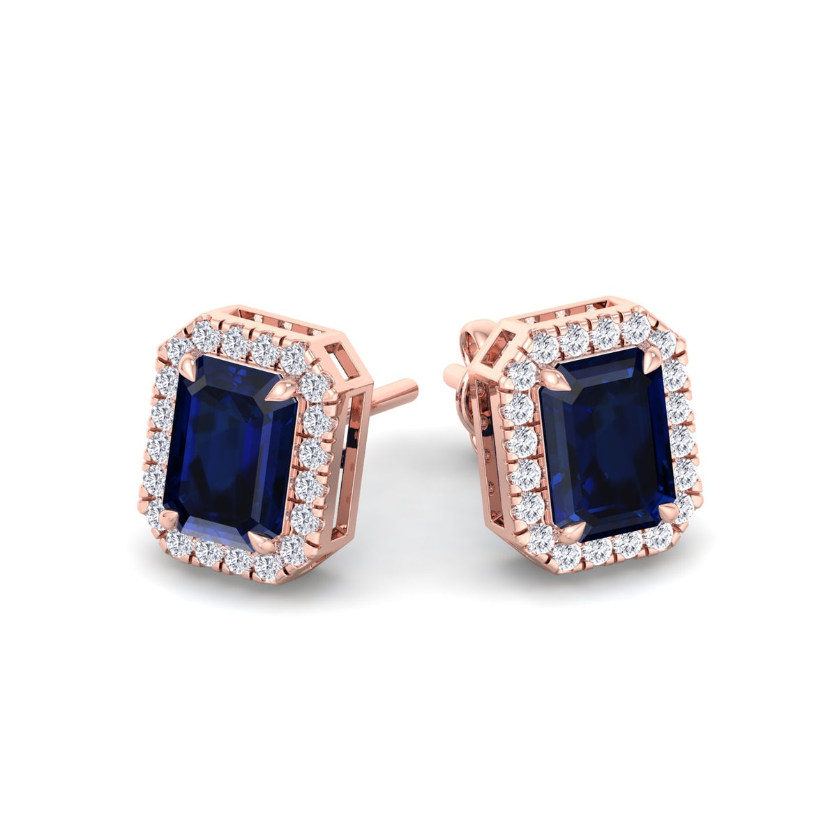Calcolo - Emerald Cut Sapphire and Diamond Halo Earrings - Gem Jewelers Co