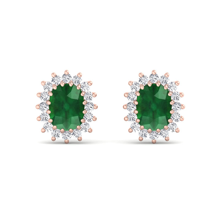 Pino - Oval Cut Emerald and Diamond Halo Flower Style Earrings