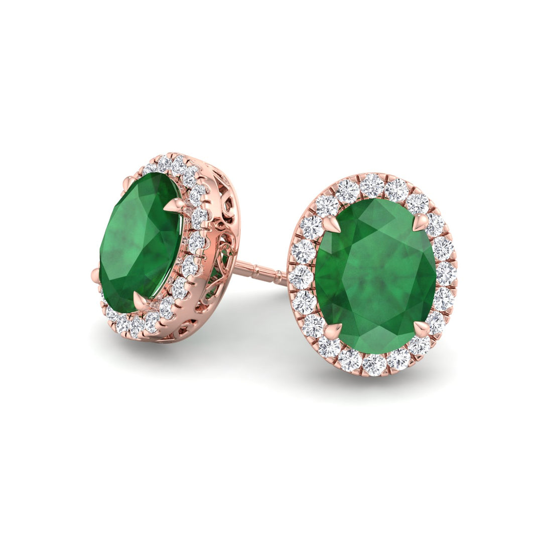 Foglia - Oval Cut Emerald and Diamond Halo Earrings