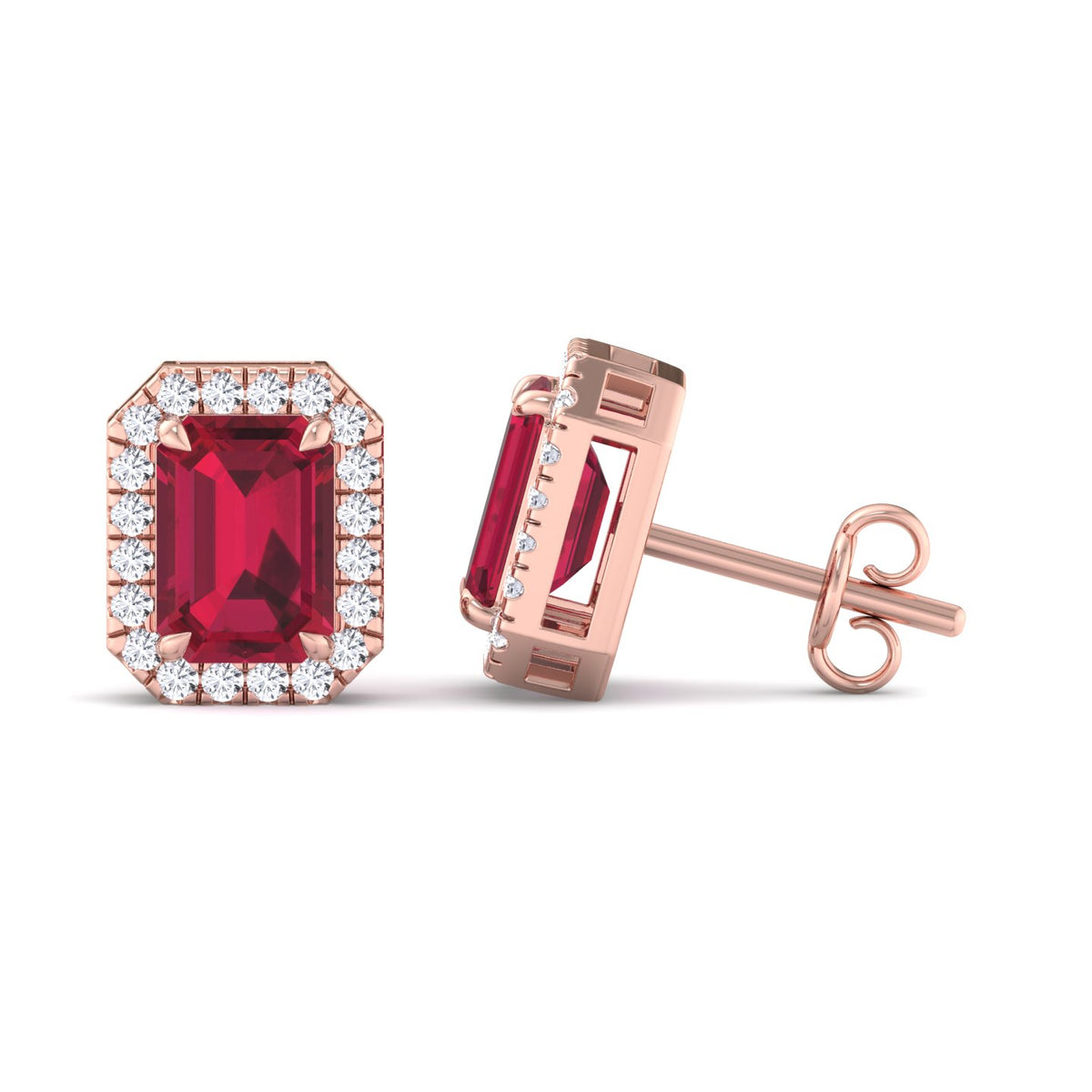 Fuoco - Emerald Cut Ruby and Diamond Halo Earrings - Gem Jewelers Co