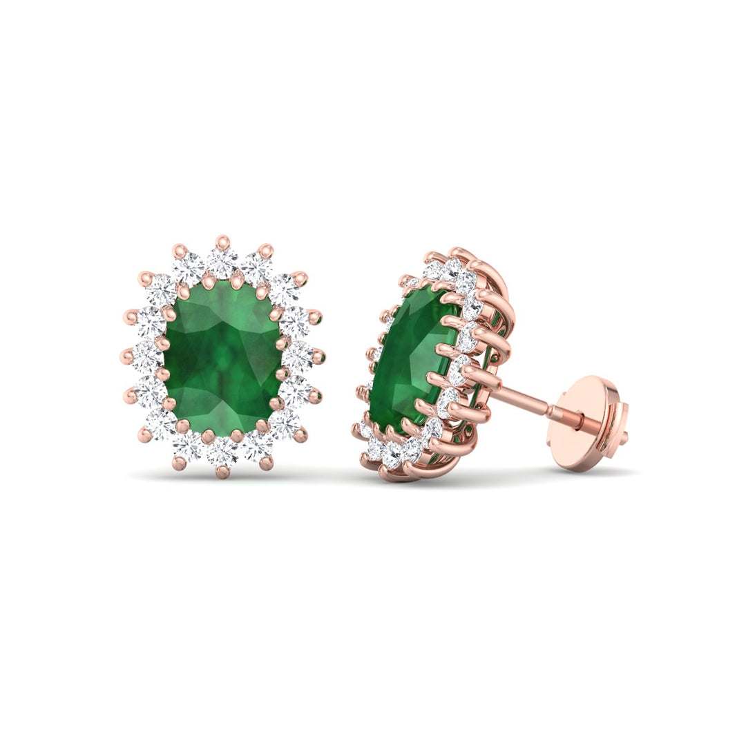 Pino - Oval Cut Emerald and Diamond Halo Flower Style Earrings