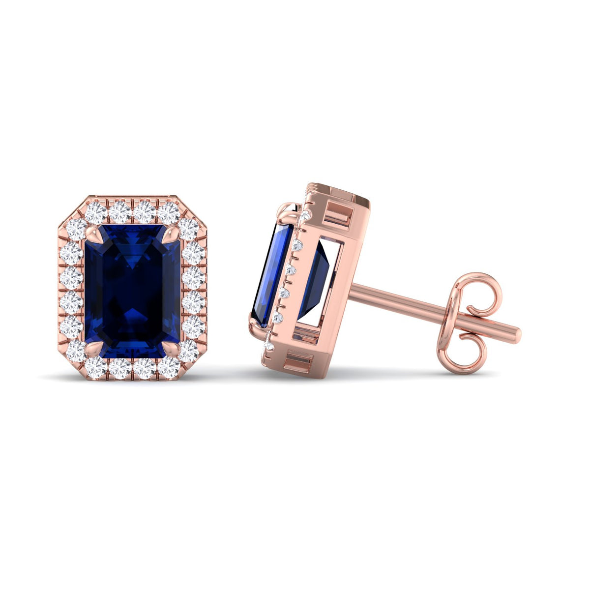 Calcolo - Emerald Cut Sapphire and Diamond Halo Earrings - Gem Jewelers Co