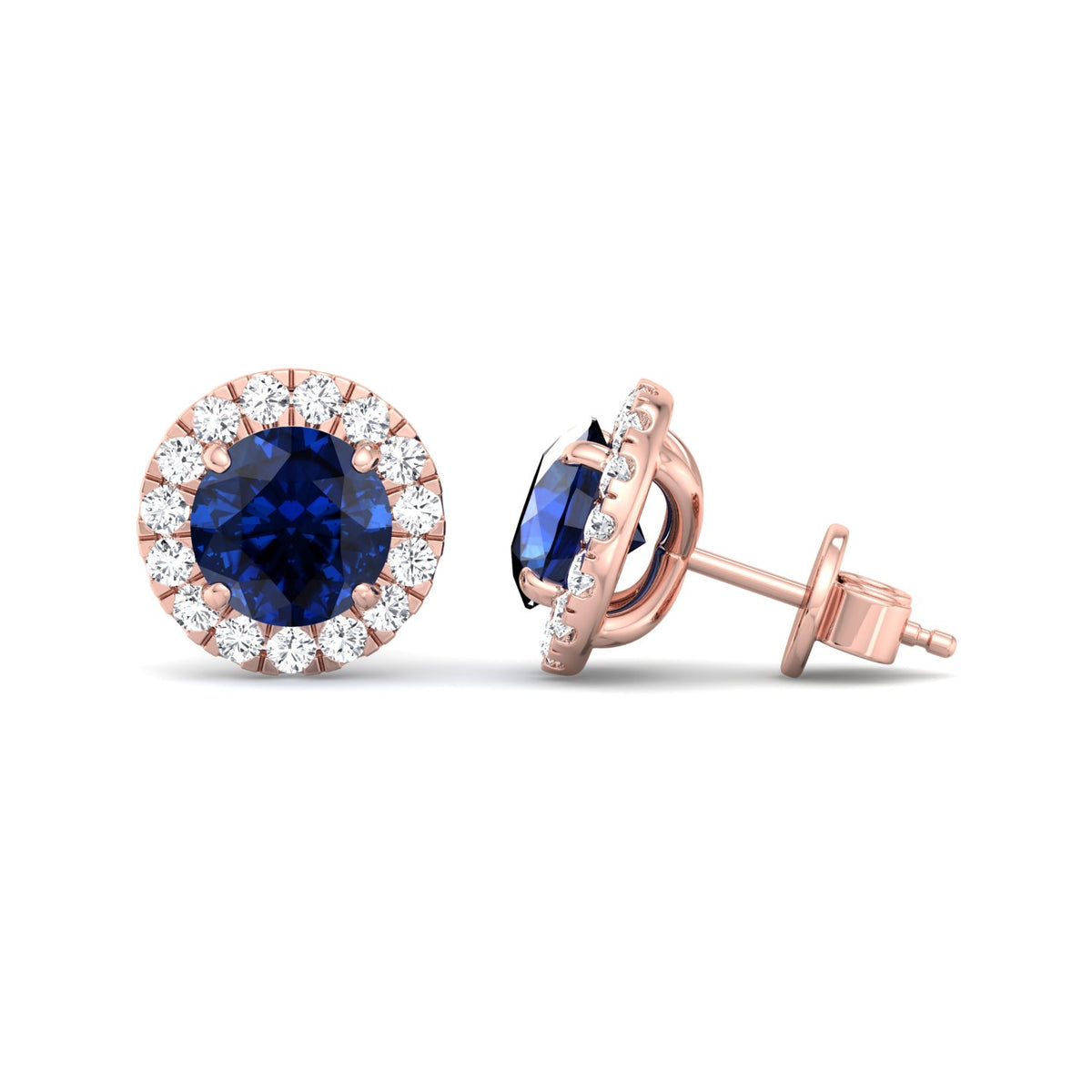 Tiber - Round Cut Blue Sapphire & Diamond Halo Earrings - Gem Jewelers Co