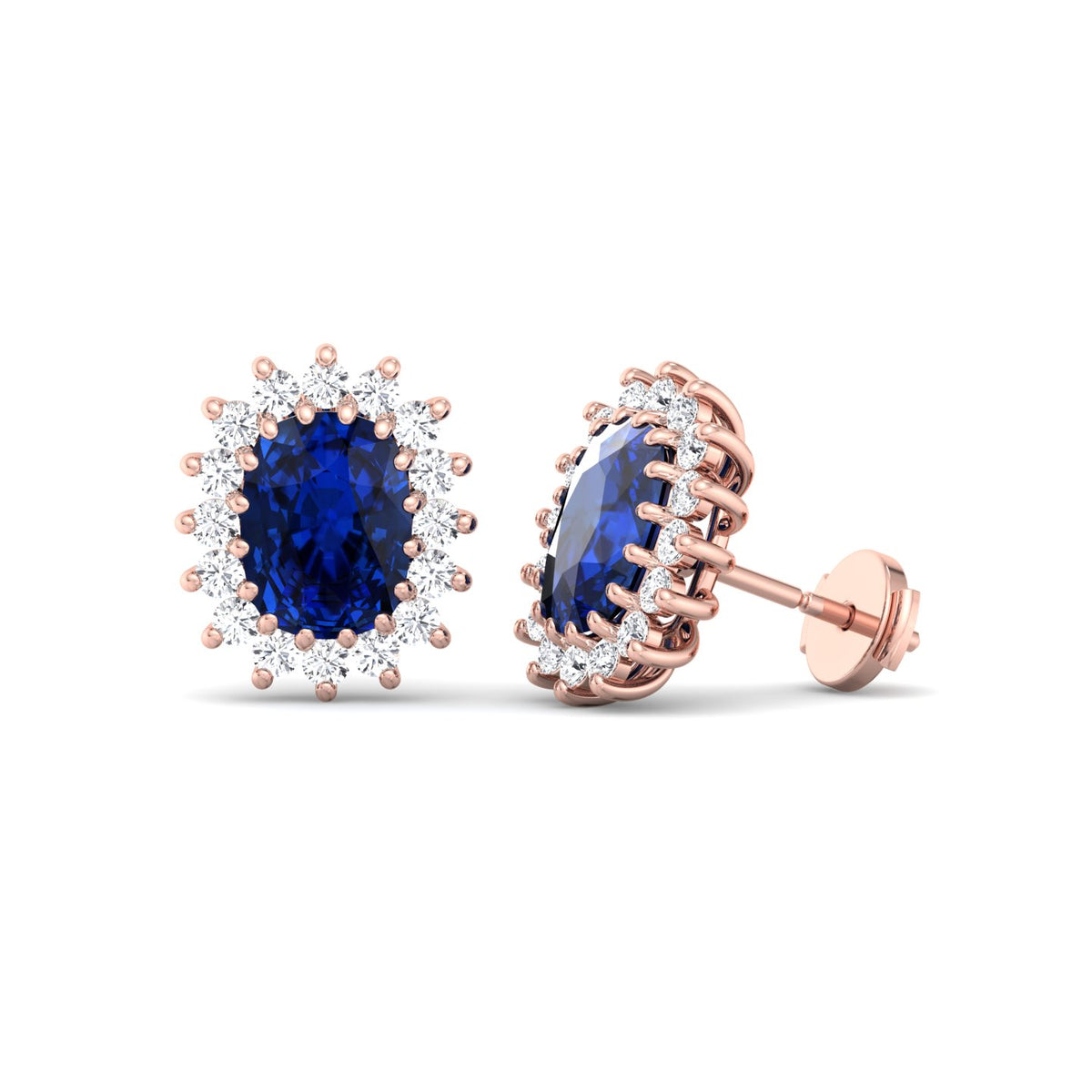 Cielo - Oval Cut Sapphire and Diamond Halo Flower Style Earrings - Gem Jewelers Co