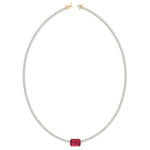 Single Stone Red Ruby Diamond Tennis Necklace, Yellow Gold