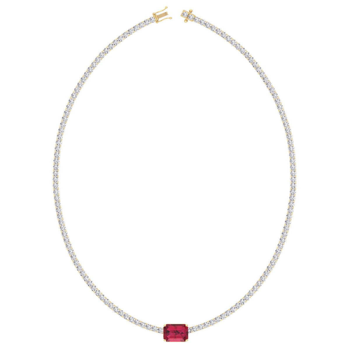 Single Stone Red Ruby Diamond Tennis Necklace, Yellow Gold
