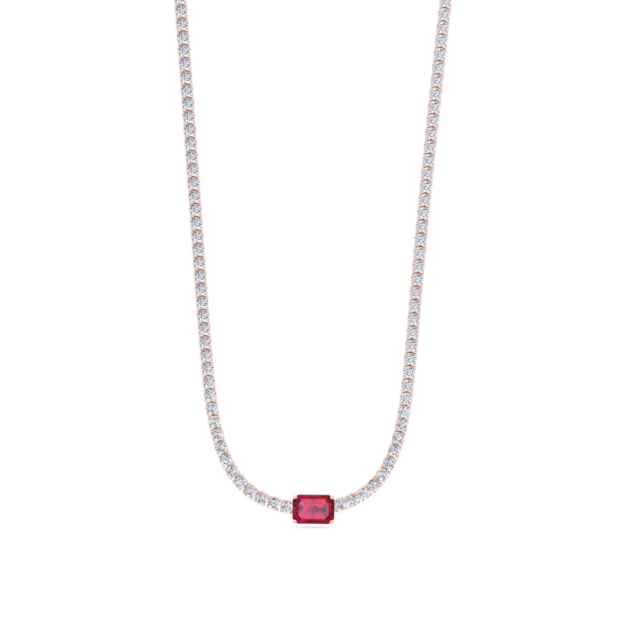 Single Stone Red Ruby Natural Diamond Tennis Necklace, Rose