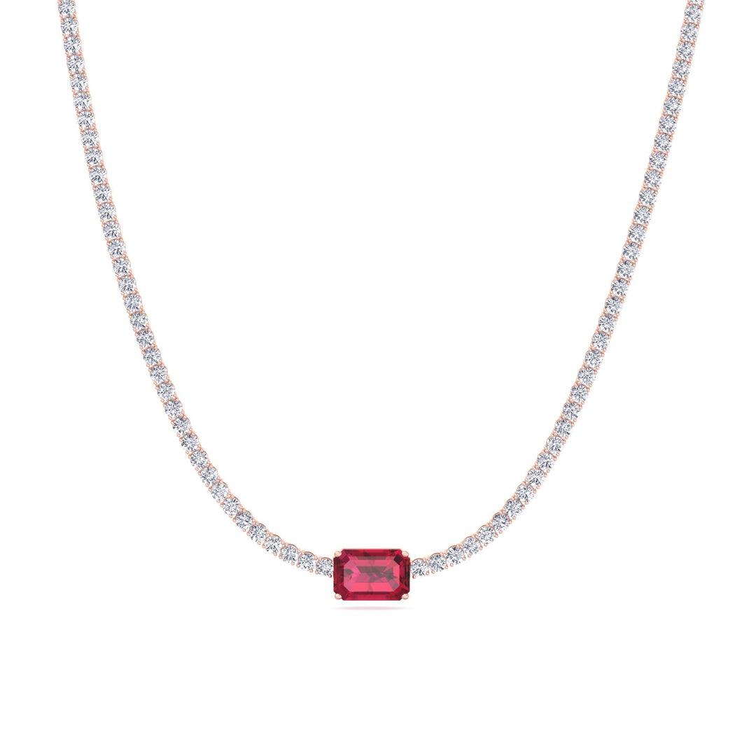 Single Stone Red Ruby Natural Diamond Tennis Necklace, Rose Gold