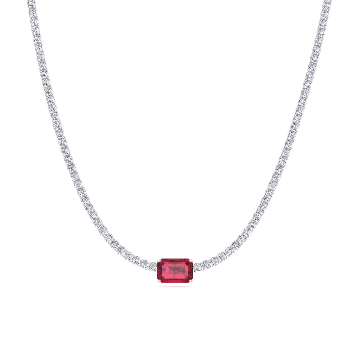 Single Stone Red Ruby Natural Diamond Tennis Necklace, White