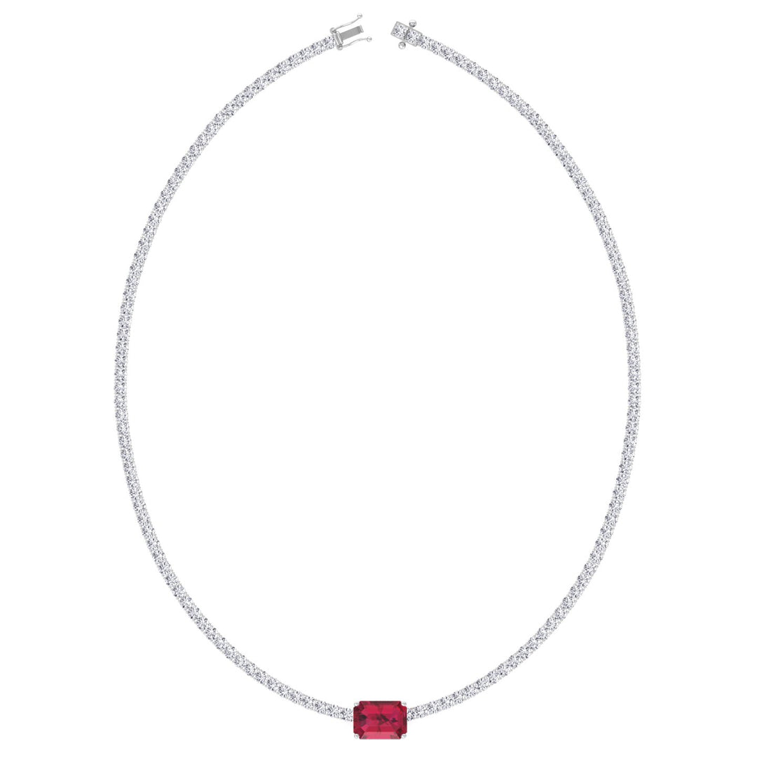 Single Stone Red Ruby Natural Diamond Tennis Necklace, White Gold