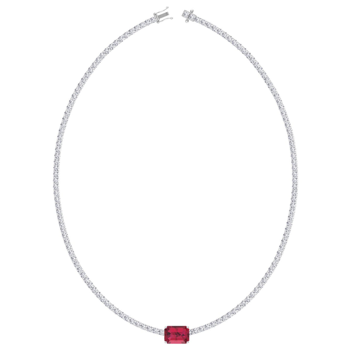 Single Stone Red Ruby Natural Diamond Tennis Necklace, White Gold