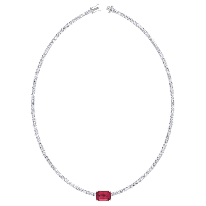 Single Stone Red Ruby Natural Diamond Tennis Necklace, White Gold